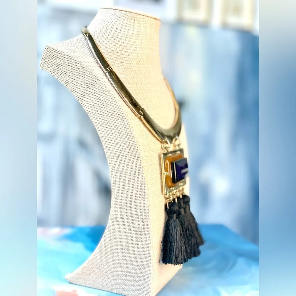 Chico’s Boho Statement Collar Necklace Blue Stone Tassel Pendant